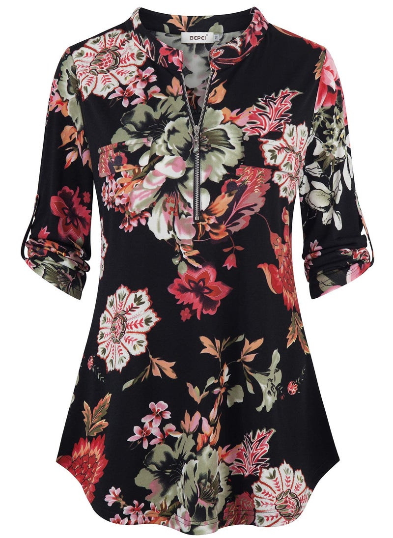 BEPEI Womens Tunics 3/4 Sleeves,Juniors Lightweight Zipper Henley V Neck A Line Chiffon Tops Chic Soft Tee Shirt Pocket Button up Decoration Blouses Floral Boutique Clothing,Black Green XL - Image 1